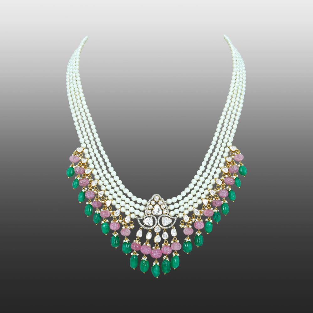 Layered Pearl Necklace with Polki, Emerald, and Rose Quartz Beads